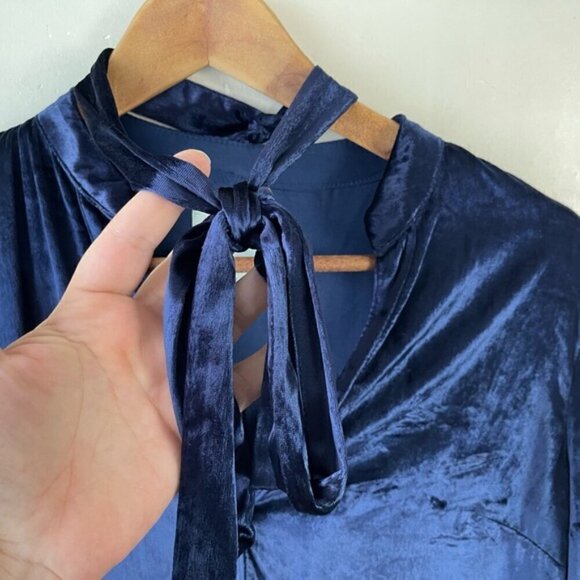 Anthropologie Maeve Blue Velvet Tie-Neck Button-down Tunic Sz US 2 Elegant - Picture 5 of 13